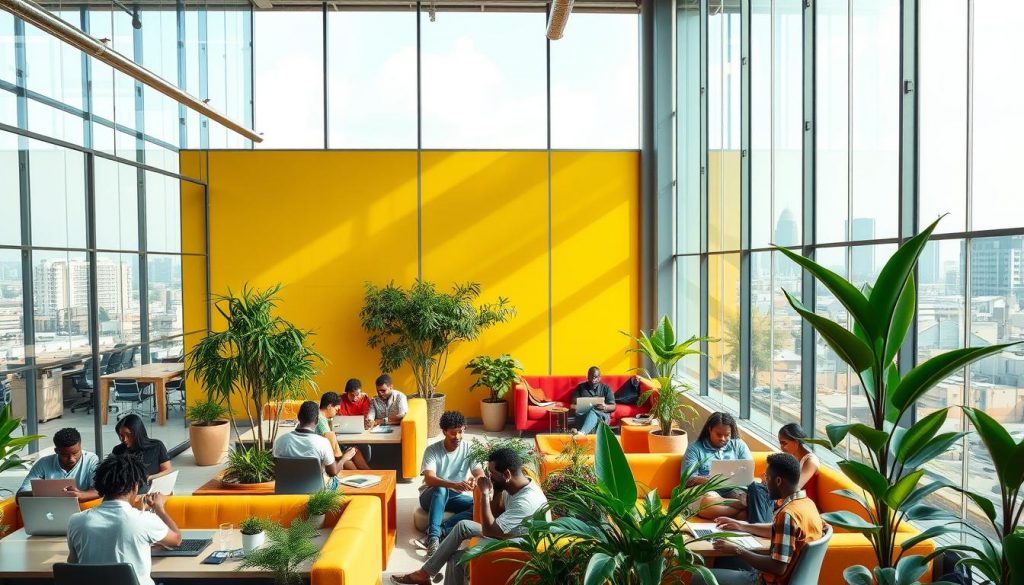 A modern open-plan office in Lagos, Nigeria with sleek glass facades and a vibrant, bustling atmosphere. Sunlight streams through the large windows, illuminating the coworking space filled with young entrepreneurs huddled over laptops. Brightly colored accent walls, comfy lounge furniture, and thriving potted plants create an inspiring, creative environment. In the background, the iconic skyline of Lagos is visible, a testament to the city's rapid growth and economic potential. The scene conveys a sense of energy, innovation, and optimism - a fitting backdrop for a startup office in this dynamic African tech hub.