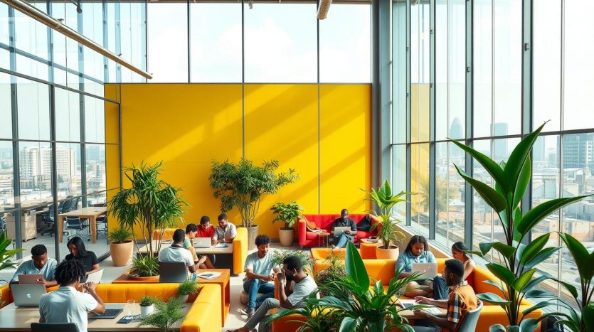 A modern open-plan office in Lagos, Nigeria with sleek glass facades and a vibrant, bustling atmosphere. Sunlight streams through the large windows, illuminating the coworking space filled with young entrepreneurs huddled over laptops. Brightly colored accent walls, comfy lounge furniture, and thriving potted plants create an inspiring, creative environment. In the background, the iconic skyline of Lagos is visible, a testament to the city's rapid growth and economic potential. The scene conveys a sense of energy, innovation, and optimism - a fitting backdrop for a startup office in this dynamic African tech hub.