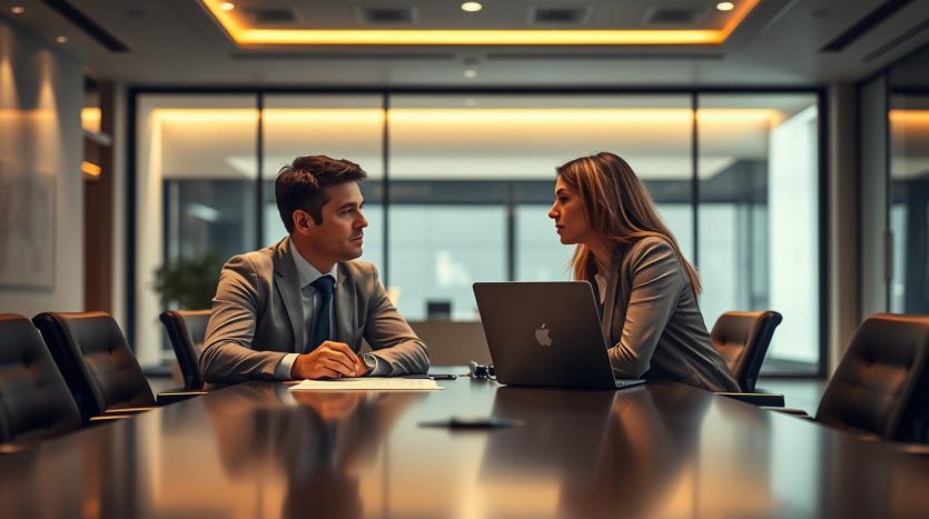 A well-lit conference room with a large negotiation table in the foreground. Two businesspeople, a man and a woman, sit across from each other, engaged in a serious discussion, with documents and laptops on the table between them. The lighting is warm and professional, creating a sense of intensity and focus. The background is blurred, with subtle architectural details hinting at a modern office environment. The overall atmosphere conveys a high-stakes business negotiation, with the two individuals working to reach a favorable lease agreement.