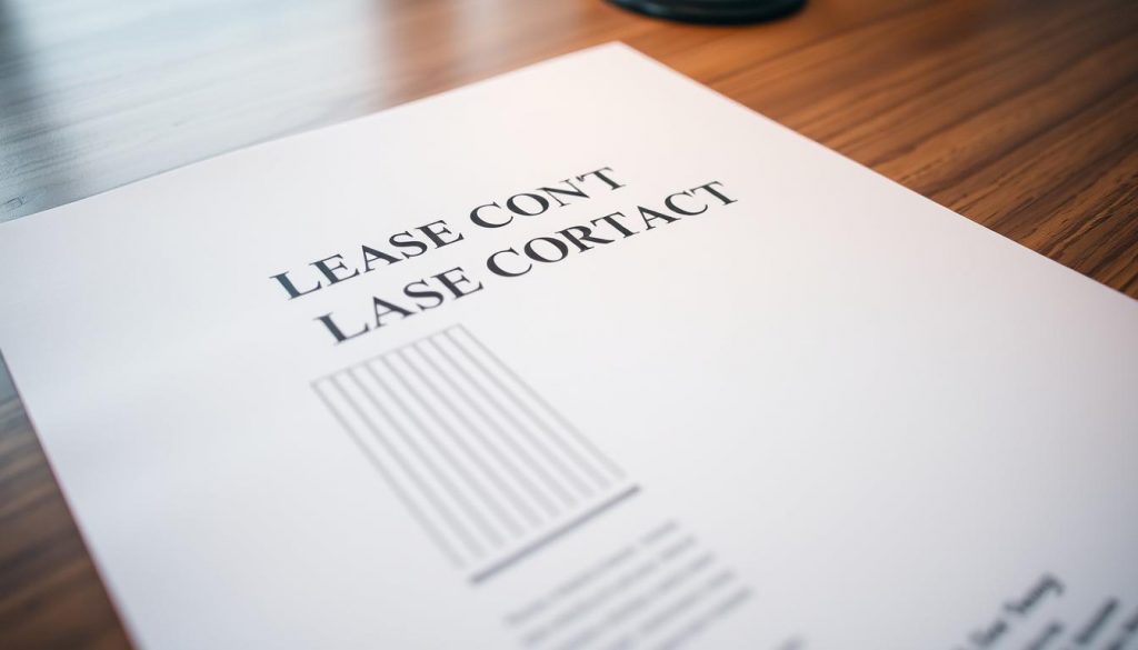 A neatly organized document on a smooth wooden desk, its pages illuminated by soft, directional lighting. The contract's title stands out in bold, formal text, surrounded by crisp, legible paragraphs and clean lines. The overall mood is professional, conveying the gravity and importance of the legal agreement. The image should capture the essential elements of a standard lease contract, allowing the reader to clearly visualize the key components discussed in the article.