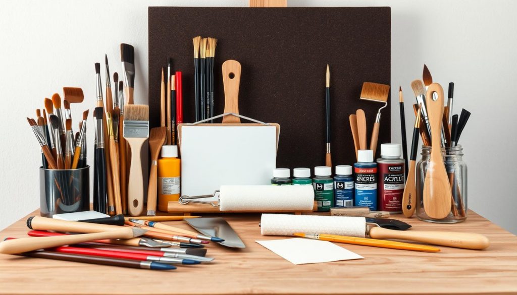 A professional still life of a neatly organized collection of high-quality painting tools on a wooden workbench. In the foreground, a variety of pristine paint brushes, rollers, and scrapers are meticulously arranged. In the middle ground, a set of premium acrylic and oil paints in various colors are displayed in an orderly fashion. In the background, a clean white wall provides a minimalist backdrop, allowing the tools to take center stage. The lighting is soft and diffused, creating a warm, inviting atmosphere that evokes a sense of craftsmanship and attention to detail.