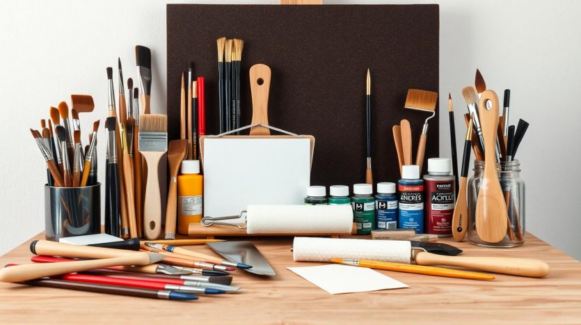 A professional still life of a neatly organized collection of high-quality painting tools on a wooden workbench. In the foreground, a variety of pristine paint brushes, rollers, and scrapers are meticulously arranged. In the middle ground, a set of premium acrylic and oil paints in various colors are displayed in an orderly fashion. In the background, a clean white wall provides a minimalist backdrop, allowing the tools to take center stage. The lighting is soft and diffused, creating a warm, inviting atmosphere that evokes a sense of craftsmanship and attention to detail.