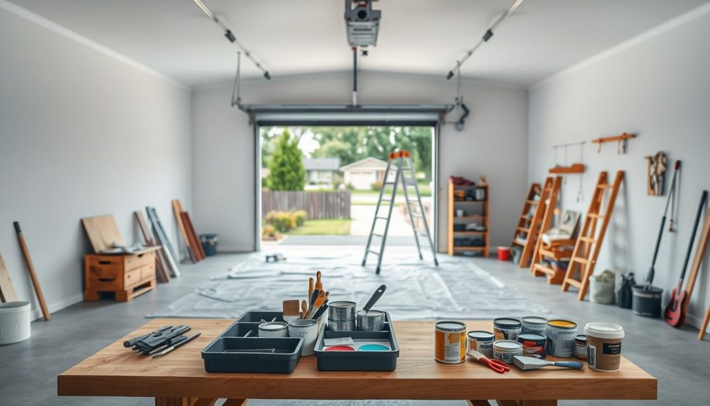 A well-lit, expansive garage interior with an open door revealing a vibrant suburban neighborhood. In the foreground, a sturdy wooden workbench is adorned with an array of painting supplies - brushes, rollers, trays, and an assortment of paint cans in various colors. The middle ground showcases a professional-grade ladder, strategically positioned, and a drop cloth draped over the floor, indicating the preparation for a meticulous house painting project. Soft, natural lighting filters in, creating a sense of warmth and productivity. The overall atmosphere conveys a harmonious blend of organization, attention to detail, and the anticipation of a transformative painting endeavor.