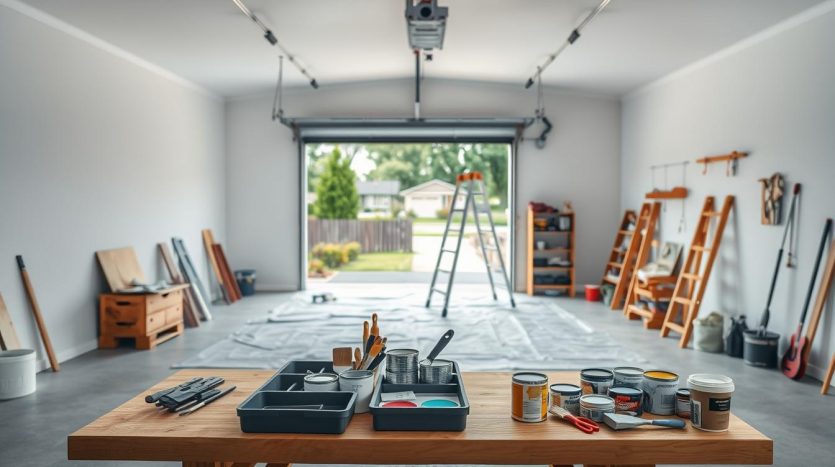 A well-lit, expansive garage interior with an open door revealing a vibrant suburban neighborhood. In the foreground, a sturdy wooden workbench is adorned with an array of painting supplies - brushes, rollers, trays, and an assortment of paint cans in various colors. The middle ground showcases a professional-grade ladder, strategically positioned, and a drop cloth draped over the floor, indicating the preparation for a meticulous house painting project. Soft, natural lighting filters in, creating a sense of warmth and productivity. The overall atmosphere conveys a harmonious blend of organization, attention to detail, and the anticipation of a transformative painting endeavor.