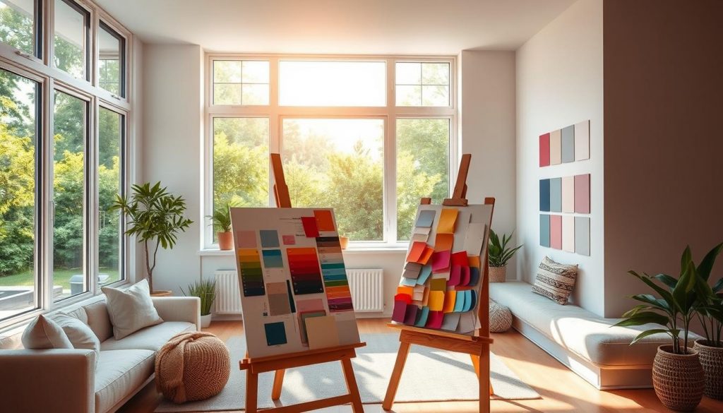 A well-lit, modern living room with a large window overlooking a lush, verdant backyard. The walls are adorned with an assortment of color samples, ranging from soft pastels to bold, vibrant hues. An artist's easel stands in the foreground, displaying various color swatches and paint chips, inviting the viewer to explore the possibilities. The lighting is warm and natural, casting a gentle glow over the scene, highlighting the textures and tones of the different paint options. The overall atmosphere is one of inspiration and thoughtful consideration, as the viewer is transported into the process of selecting the perfect colors to transform the space.