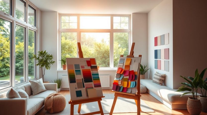 A well-lit, modern living room with a large window overlooking a lush, verdant backyard. The walls are adorned with an assortment of color samples, ranging from soft pastels to bold, vibrant hues. An artist's easel stands in the foreground, displaying various color swatches and paint chips, inviting the viewer to explore the possibilities. The lighting is warm and natural, casting a gentle glow over the scene, highlighting the textures and tones of the different paint options. The overall atmosphere is one of inspiration and thoughtful consideration, as the viewer is transported into the process of selecting the perfect colors to transform the space.
