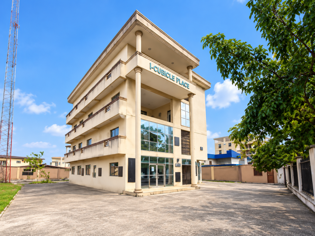 Modern Office Building with I Cubicle Place Sign